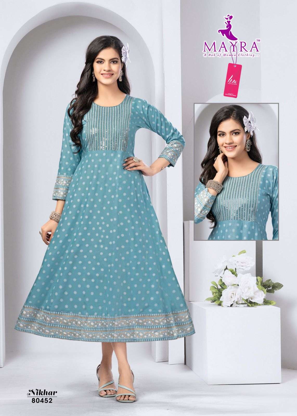 NIKHAR HEAVY LIVA TAG VISCOSE REYON  EMBROYDERY WORK UMBERALLA CUT KURTI BY MAYRA 1005